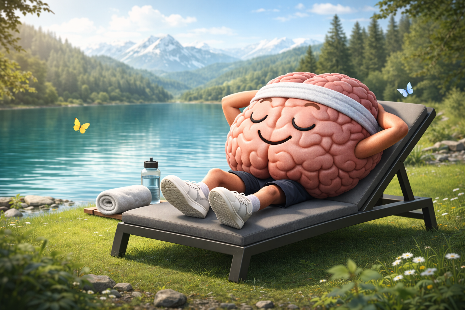 Ein stilisiertes Gehirn mit sportlichen Accessoires entspannt auf einer Liege am Ufer eines ruhigen Bergsees. Umgeben von grünen Wiesen, Bäumen und schneebedeckten Bergen im Hintergrund vermittelt die Szene Erholung, Regeneration und mentale Balance in der Natur