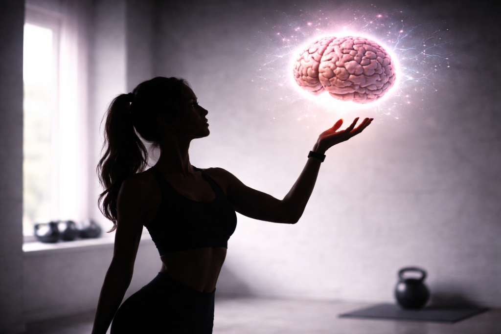 Silhouette einer athletischen Frau in einem abgedunkelten Raum, die ihren Arm nach oben ausstreckt und zu einem leuchtenden, schwebenden Gehirn über ihrer Hand blickt. Das Gehirn strahlt in sanften Rosa- und Weißtönen und symbolisiert mentale Stärke, Fokus und die Verbindung zwischen Körper und Geist