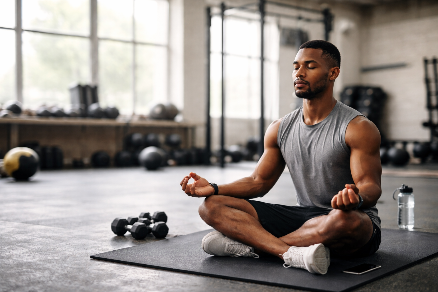 Ein muskulöser Profisportler sitzt im Schneidersitz auf einer Trainingsmatte in einem Fitnessstudio und meditiert mit geschlossenen Augen. Um ihn herum befinden sich Hanteln und Trainingsgeräte, während Tageslicht durch große Fenster fällt. Die Szene vermittelt Ruhe, Fokus und mentale Stärke im sportlichen Kontext